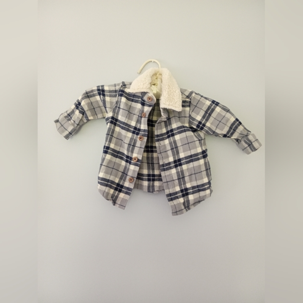 Carters Blue Plaid Shirt Fur Collar Kids 6m